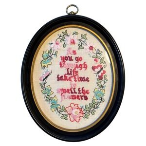 Vintage Embroidered Floral Sampler 'Smell the Flowers' Oval Frame Wall Art